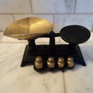 vintage mini cast iron balance scale & weights